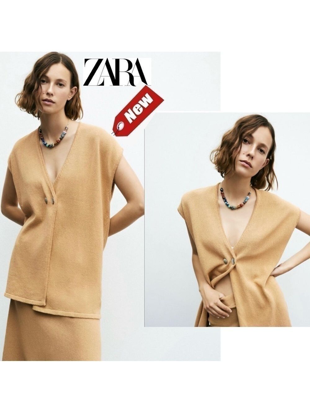 ZARA Camel Tan Brown Longline Rustic Knit Sleeveless Cardigan Vest Sz M-L NWT